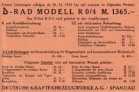 D-Rad R 0/4 Preisliste 1926