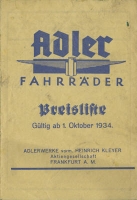 Adler Fahrräder Preisliste 1.10.1934