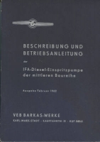 Barkas IFA Diesel-Einspritzpumpe Bedienungsanleitung 1962