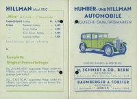 Hillman / Humber Preisliste Schweiz 1932