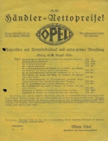 Opel Fahrräder Händler-Preisliste 8.1926