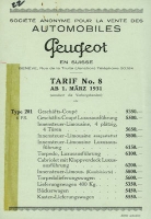 Peugeot Schweizer Preisliste Tarif No. 8 au 3.1931