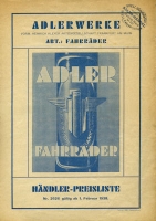Adler Fahrräder Preisliste/Händler 1.2.1938