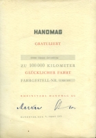 Hanomag Urkunde 100 000 km 4.8.1961