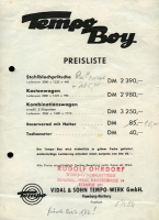 Tempo Boy Preisliste ca. 1950