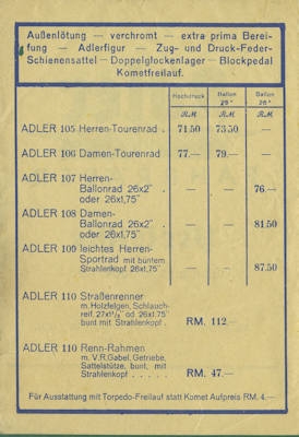 Adler Fahrräder Preisliste 1.10.1934
