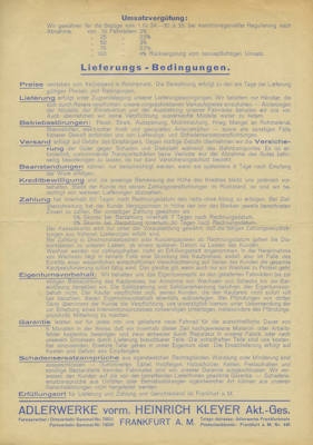 Adler Fahrräder Preisliste 15.5.1935
