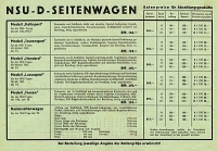 NSU Preisliste Seitenwagen  1.1.1938