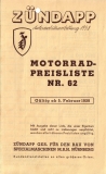 Zündapp Preisliste Nr. 62 5.2.1938