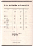 Blackburne Motoren und Preise Prospekt 1930