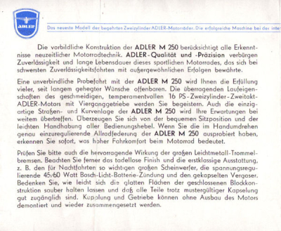 Preview: Adler Motorrad M 250 S Prospekt ca. 1952