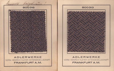 Adler Favorit 2 Echt-Polsterproben ca. 1930