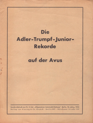 Adler Trumpf Junior Sonderabdruck aus AAZ 1935