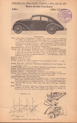 Adler 2,5 Ltr. Motor-Kritik-Test-Karte 1937