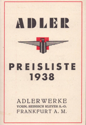 Adler Preisliste 1938