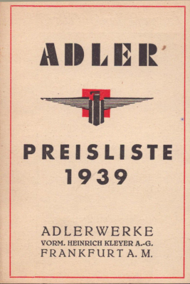 Adler Preisliste 1939