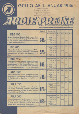 Ardie Preisliste 1.1.1936