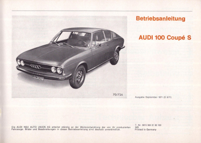 Preview: Audi 100 Coupé S Bedienungsanleitung 9.1971