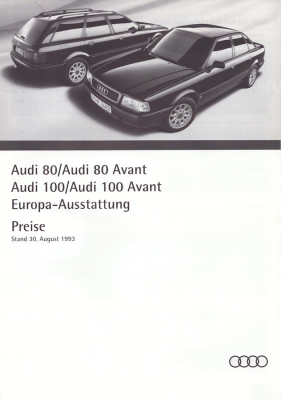 Audi 80 B 4 / 100 C 4 Europa-Ausstattung Preisliste 8.1993