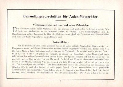 Axien Diesel Motorrad Bedienungsanleitung 1920er Jahre
