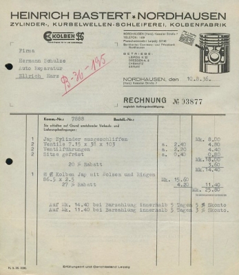 Heinrich Bastert, Nordhausen Rechnung 1930er Jahre