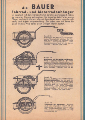 Preview: Bauer Geschäfts- und Gepäckrad, Anhänger Prospekt ca. 1950 Preview: Bauer Geschäfts- und Gepäckrad, Anhänger Prospekt ca. 1950