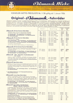 Bismarck Fahrrad Preisliste 1.1956