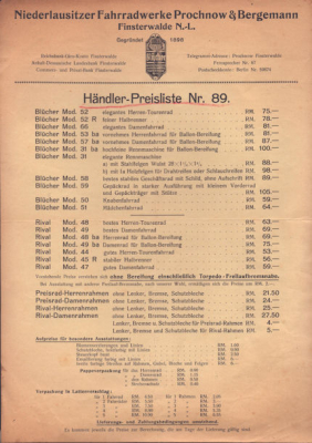 Prochnow & Bergemann Preisliste 1930er Jahre