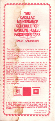 Cadillac Mainenance schedule for Gasoline fueled passenger cars 1980