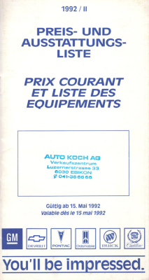 Cadillac Preisliste der Schweiz 1992 / II