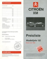 Citroen XM Preisliste 6.1992