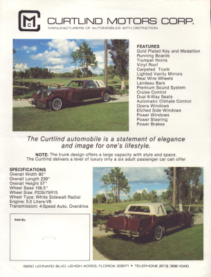 Curtlind Motors Corp. Prospekt 1980er Jahre