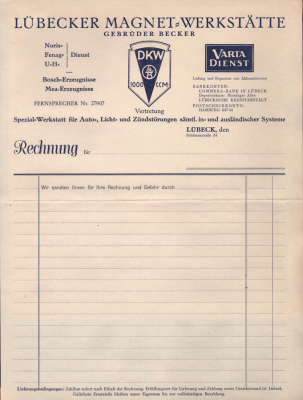 DKW Lübecker Magnet Werkstätte Rechnung ca. 1930