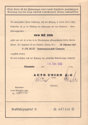 Preview: DKW NZ 250 Original Fahrzeugbrief 1938