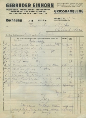 Gebrüder Einhorn, Erfurt Rechnung 1932