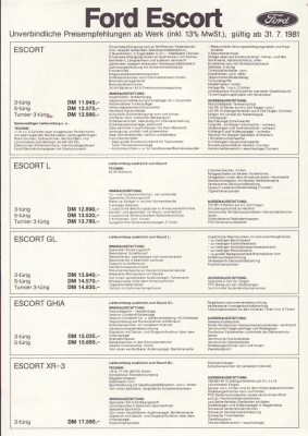 Ford Escort Preisliste 7.1981
