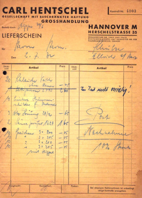 Carl Hentschel Hannover Lieferschein 1932