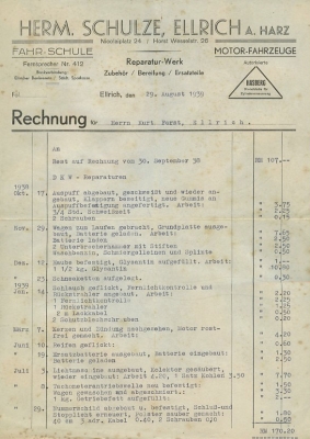 Hermann Schulze, Ellrich Rechnung 1930er Jahre