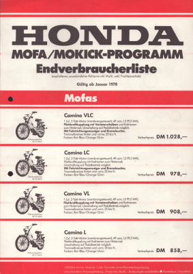Honda Mofa und Mokick Preisliste 1.1978