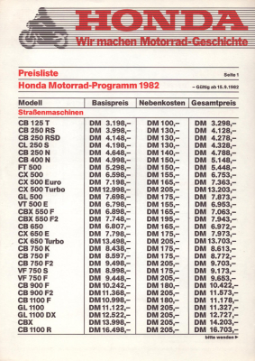Honda Preisliste 15.9.1982