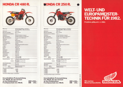 Honda Motocross Preisliste 1.1.1982