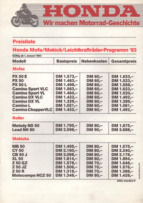 Honda Mofa / Mokick / Leichtkrafträder Preisliste 1.1.1983