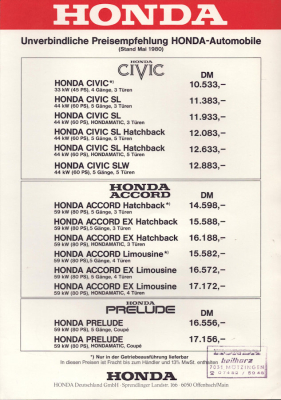Honda Pkw Preisliste 5.1980