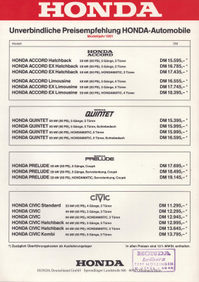 Honda Pkw Preisliste 1981