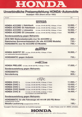 Honda Pkw Preisliste 1.1982
