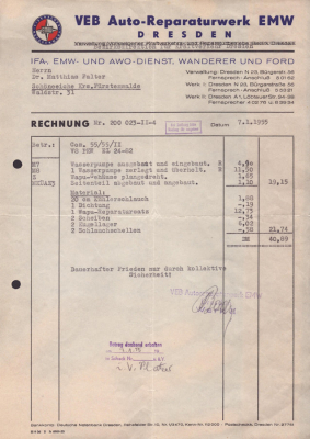 VEB Auto-Reparaturwerk EMW Dresden Rechnung 1955