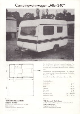 IFA Wohnwagen Aller 340 Prospekt 1988
