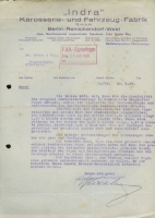 Indra Karosserie-Fabrik Brief 1928