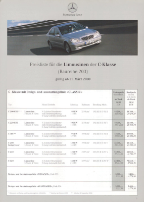 Mercedes-Benz C-Klasse Limousinen Preisliste 3.2000