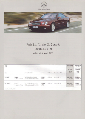 Mercedes-Benz CL-Coupes Preisliste 4.2000